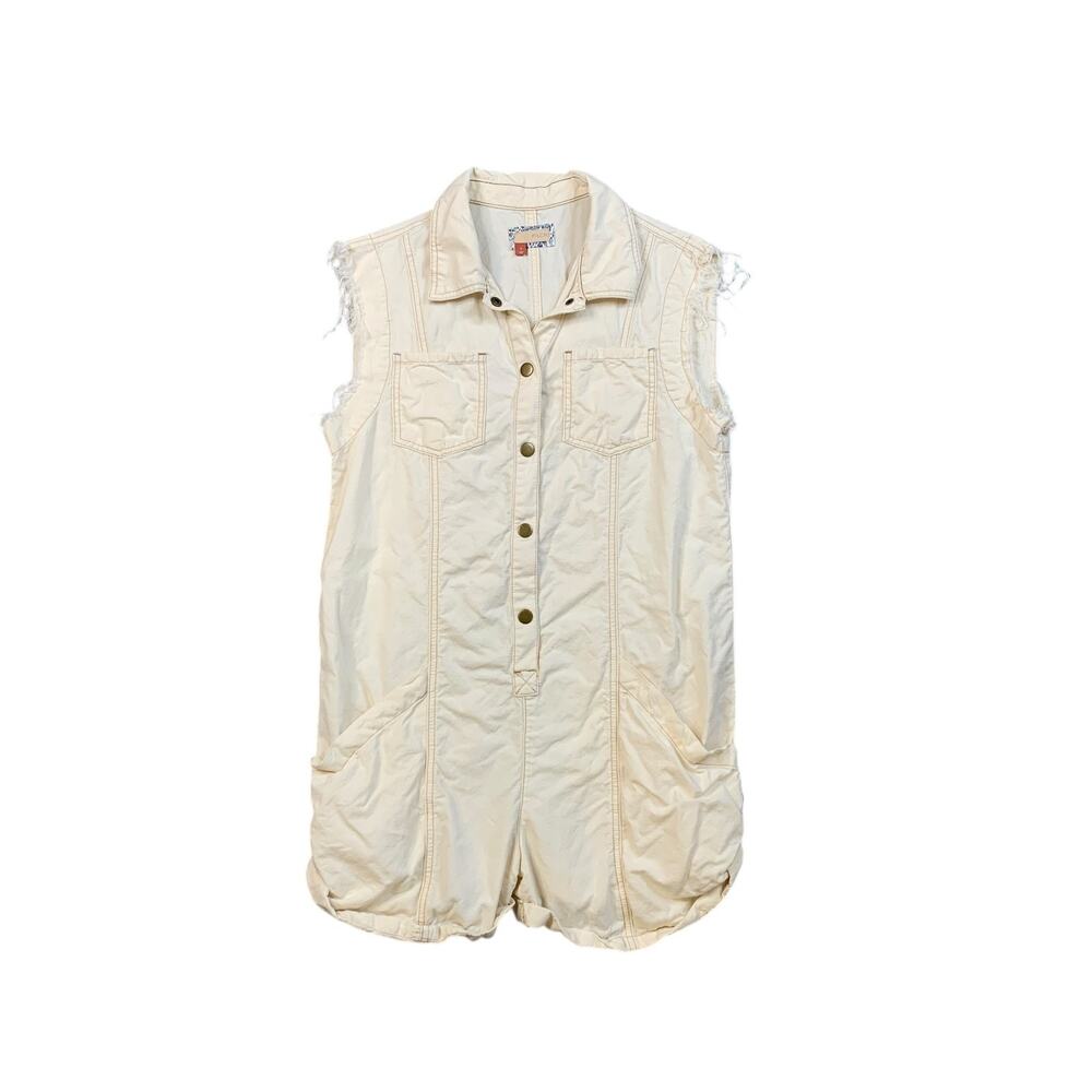 Pilcro Romper Womens S Small Beige Snap Button Sleeveless Pockets Cuffed Raw Hem